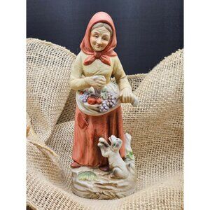 Vintage  Home Interiors Ceramic Figurine Woman With Basket & Dog Hand-Painted Fa